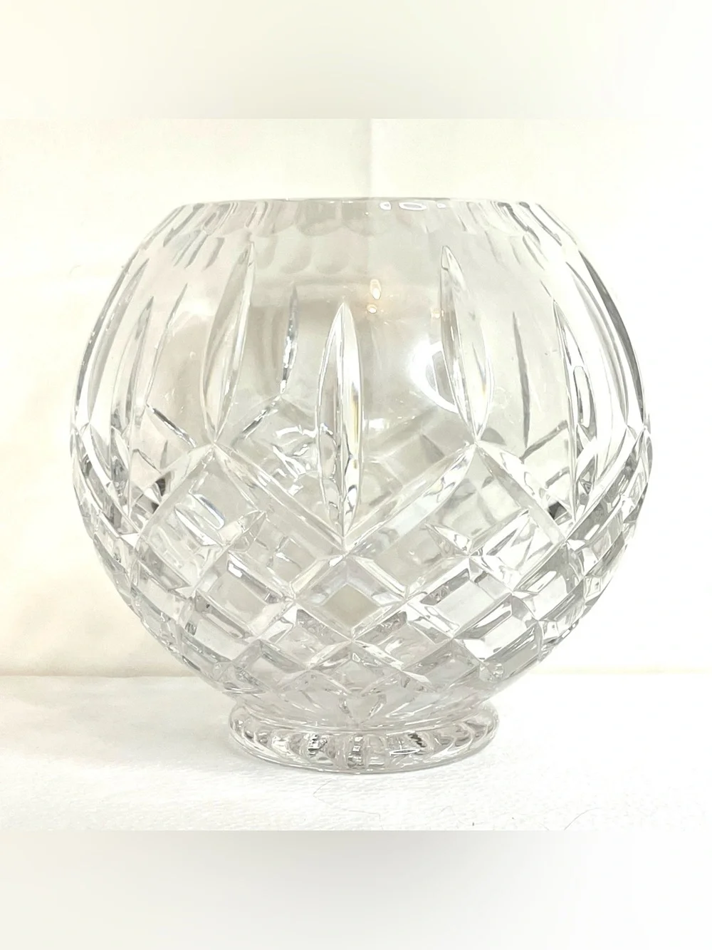 VTG Cut Crystal Rose Bowl Vase Diamond Fan Pattern Round Footed Scalloped Heavy